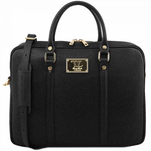leren laptoptas Prato zwart voorkant